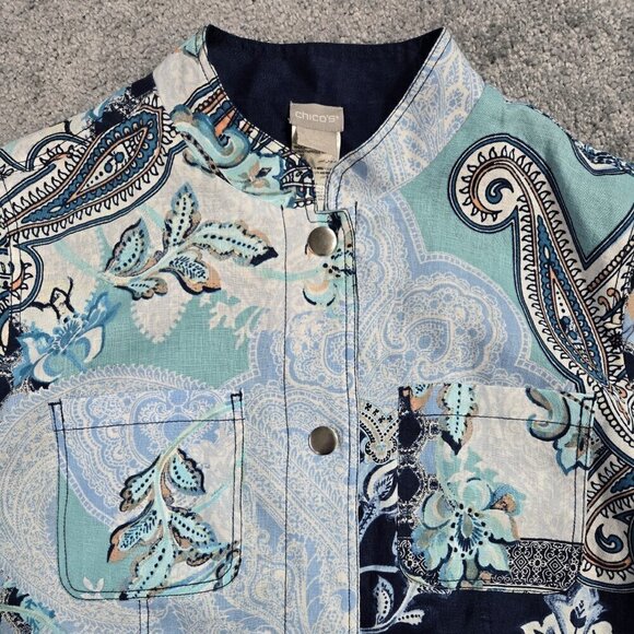Chico's 100% Linen Blue Floral Paisley Reversible Snap Lightweight Jacket Boho - Picture 6 of 10